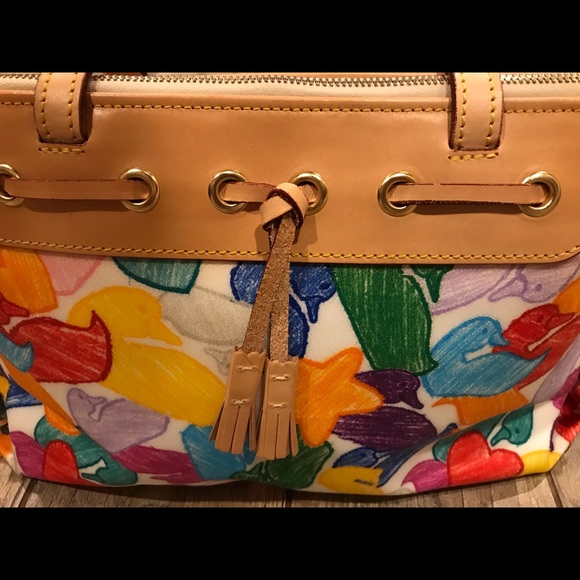 Dooney & Bourke Tote Bright Multicolor White Purse Ducks Stars Hearts EUC - Picture 4 of 10